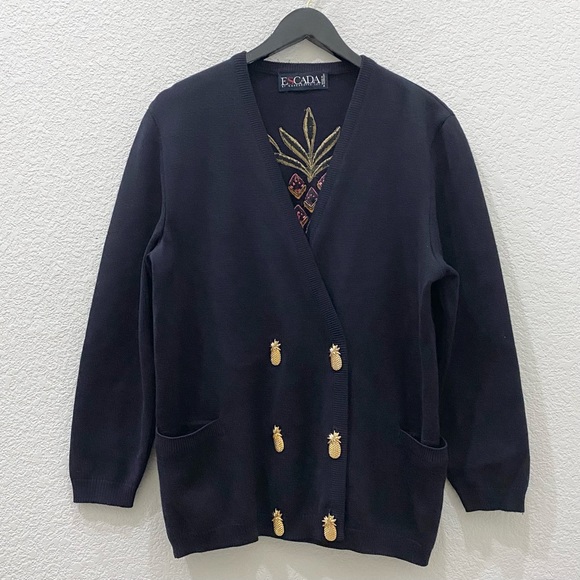 Vintage ESCADA Black Double Breasted Embroidered Back Cardigan Sweater Size 40 - Picture 3 of 16